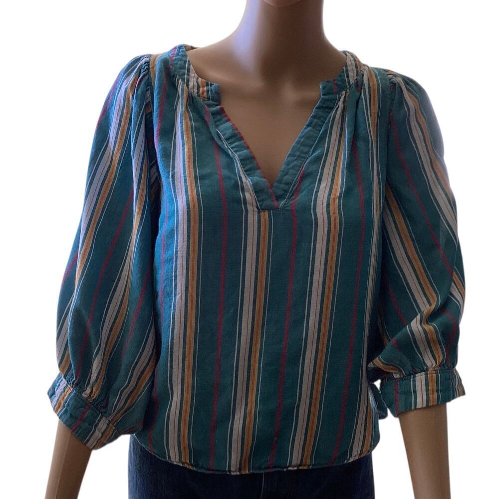 Anthropologie Maeve teal striped blouse V-neck three-quarter sleeves Medium
